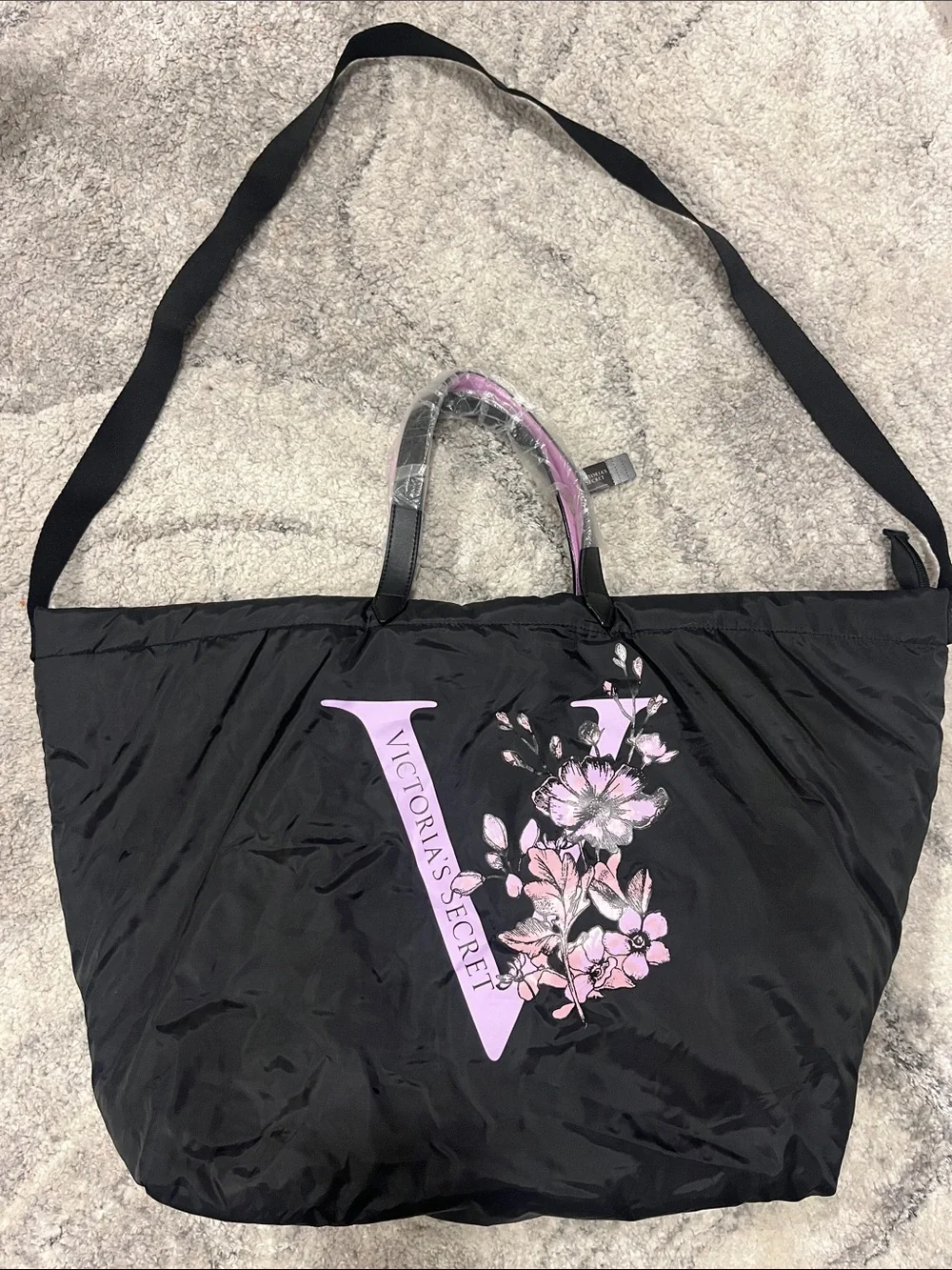 Victoria's Secret Black Tote with Light Pink Floral Logo and Pink Handles